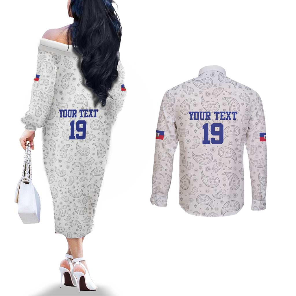 Custom Haiti Football Couples Matching Off The Shoulder Long Sleeve Dress and Long Sleeve Button Shirt Paisley Flag Pattern Design - Wonder Print Shop