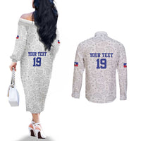 Custom Haiti Football Couples Matching Off The Shoulder Long Sleeve Dress and Long Sleeve Button Shirt Paisley Flag Pattern Design - Wonder Print Shop