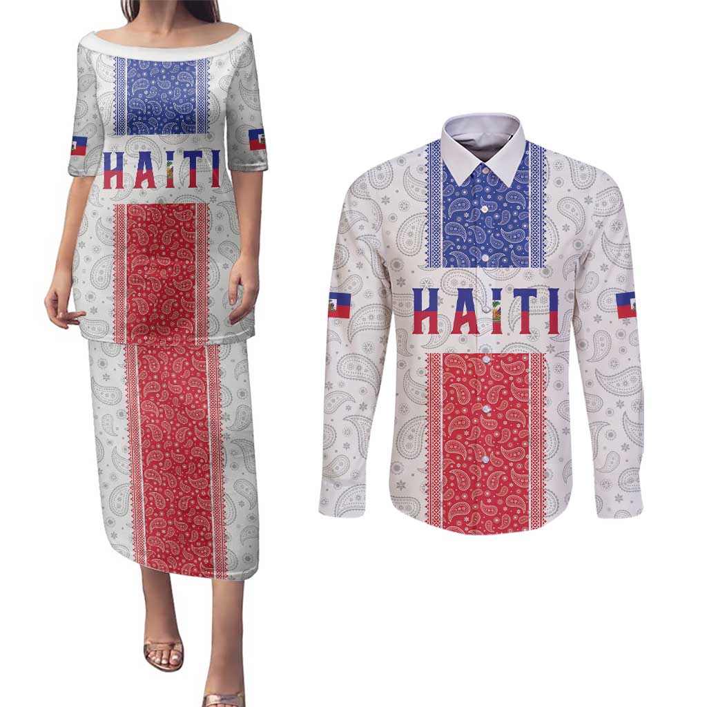 Custom Haiti Football Couples Matching Puletasi and Long Sleeve Button Shirt Paisley Flag Pattern Design - Wonder Print Shop