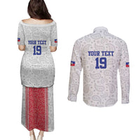 Custom Haiti Football Couples Matching Puletasi and Long Sleeve Button Shirt Paisley Flag Pattern Design - Wonder Print Shop