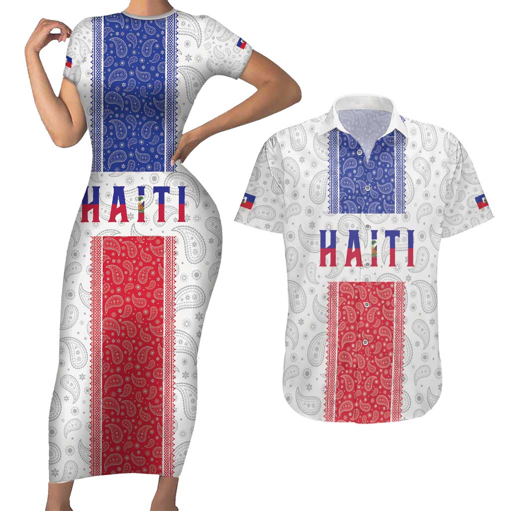 Custom Haiti Football Couples Matching Short Sleeve Bodycon Dress and Hawaiian Shirt Paisley Flag Pattern Design - Wonder Print Shop