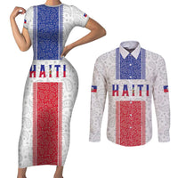 Custom Haiti Football Couples Matching Short Sleeve Bodycon Dress and Long Sleeve Button Shirt Paisley Flag Pattern Design - Wonder Print Shop
