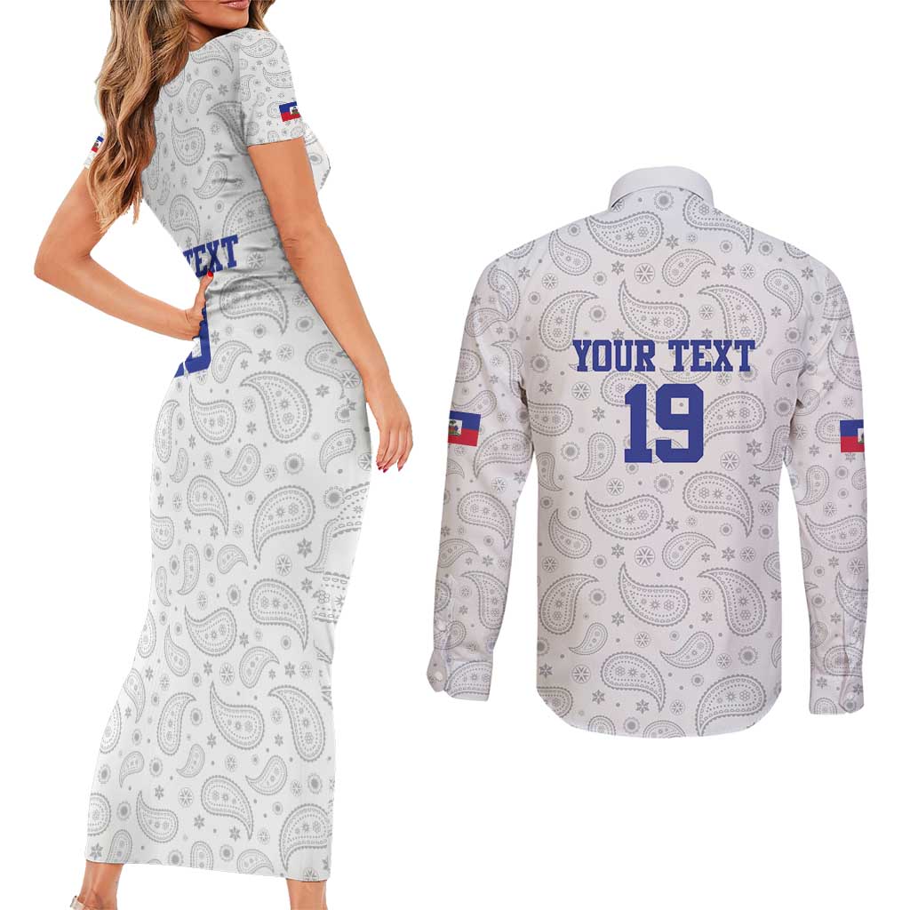 Custom Haiti Football Couples Matching Short Sleeve Bodycon Dress and Long Sleeve Button Shirt Paisley Flag Pattern Design - Wonder Print Shop