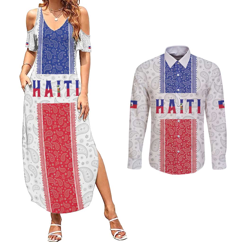 Custom Haiti Football Couples Matching Summer Maxi Dress and Long Sleeve Button Shirt Paisley Flag Pattern Design - Wonder Print Shop