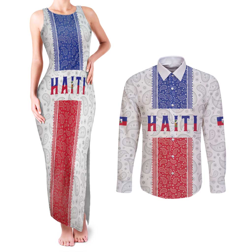 Custom Haiti Football Couples Matching Tank Maxi Dress and Long Sleeve Button Shirt Paisley Flag Pattern Design - Wonder Print Shop