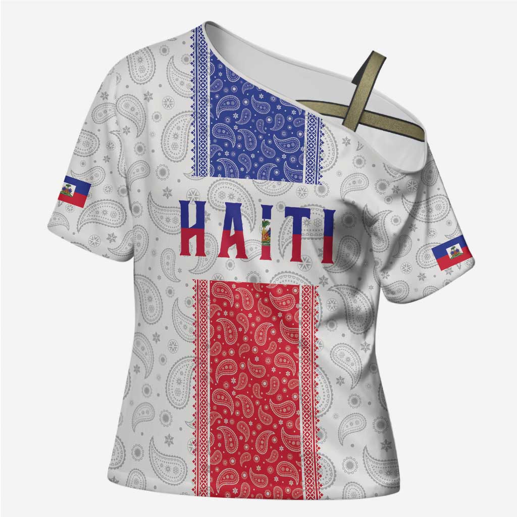 Custom Haiti Football Cross Shoulder Shirt Paisley Flag Pattern Design - Wonder Print Shop
