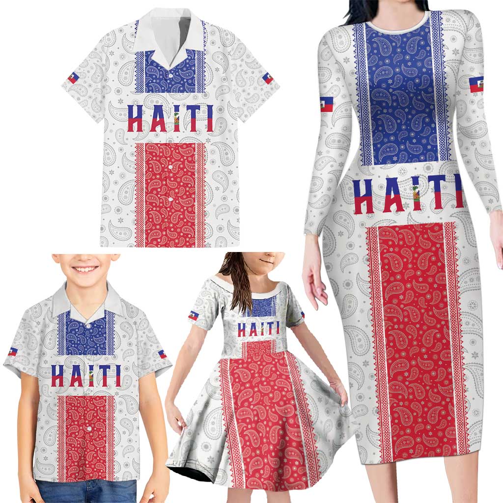 Custom Haiti Football Family Matching Long Sleeve Bodycon Dress and Hawaiian Shirt Paisley Flag Pattern Design - Wonder Print Shop