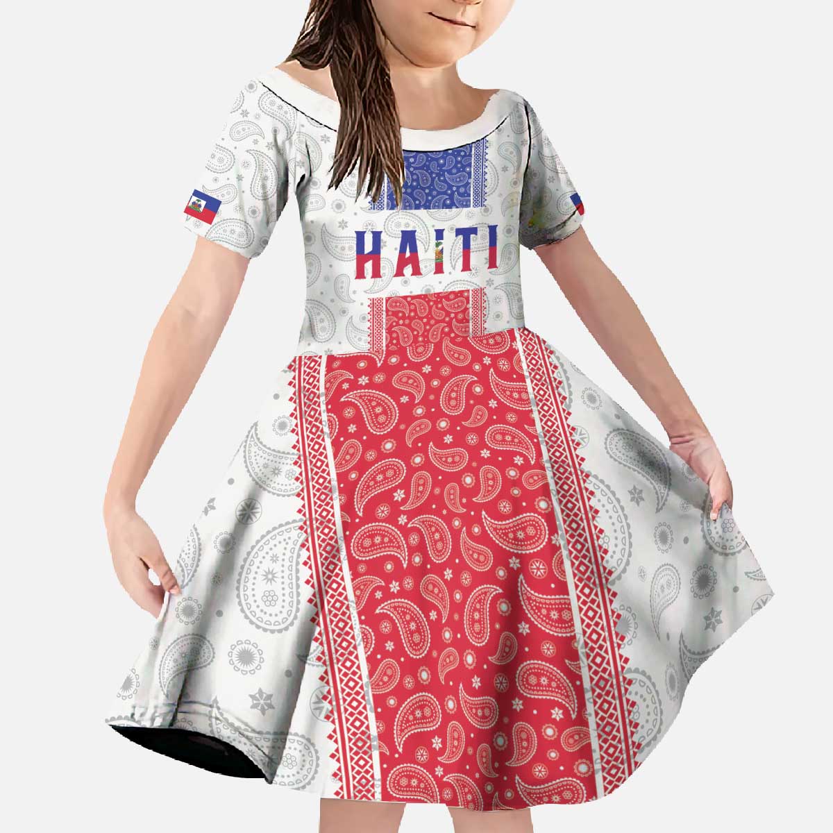 Custom Haiti Football Family Matching Off The Shoulder Long Sleeve Dress and Hawaiian Shirt Paisley Flag Pattern Design - Wonder Print Shop