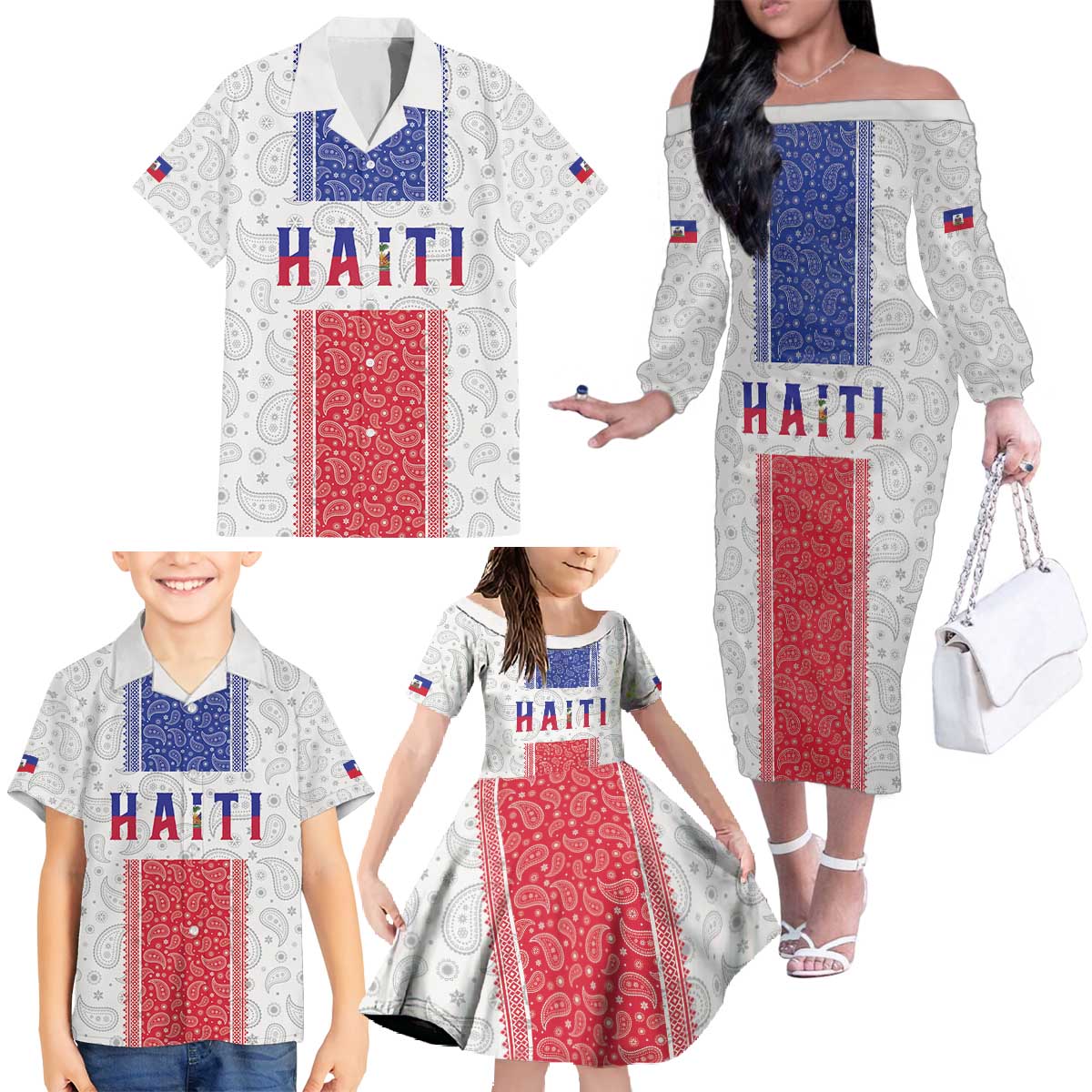 Custom Haiti Football Family Matching Off The Shoulder Long Sleeve Dress and Hawaiian Shirt Paisley Flag Pattern Design - Wonder Print Shop