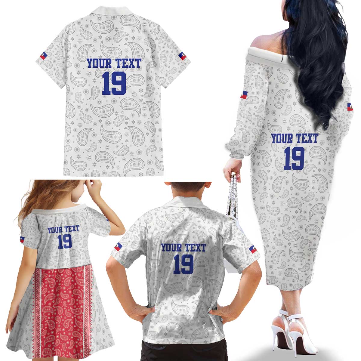 Custom Haiti Football Family Matching Off The Shoulder Long Sleeve Dress and Hawaiian Shirt Paisley Flag Pattern Design - Wonder Print Shop
