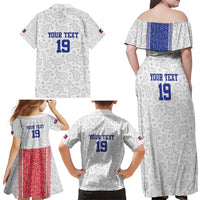 Custom Haiti Football Family Matching Off Shoulder Maxi Dress and Hawaiian Shirt Paisley Flag Pattern Design - Wonder Print Shop