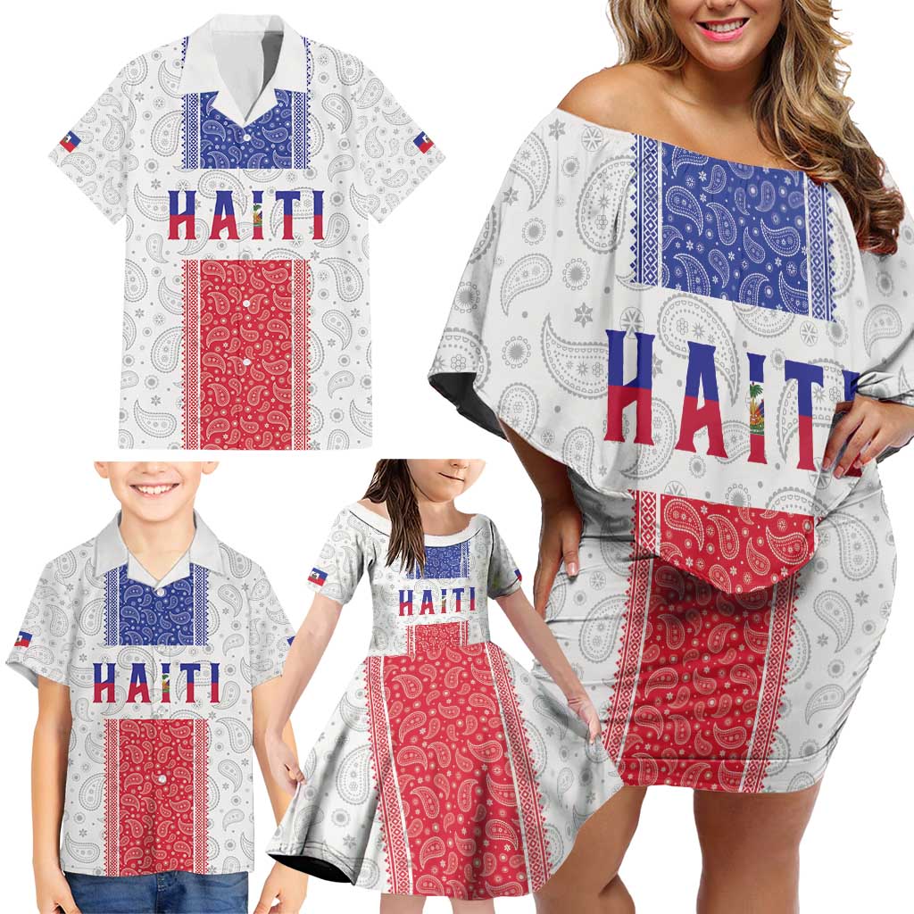 Custom Haiti Football Family Matching Off Shoulder Short Dress and Hawaiian Shirt Paisley Flag Pattern Design - Wonder Print Shop
