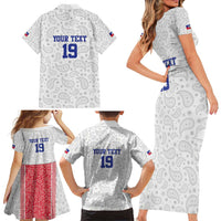 Custom Haiti Football Family Matching Short Sleeve Bodycon Dress and Hawaiian Shirt Paisley Flag Pattern Design - Wonder Print Shop