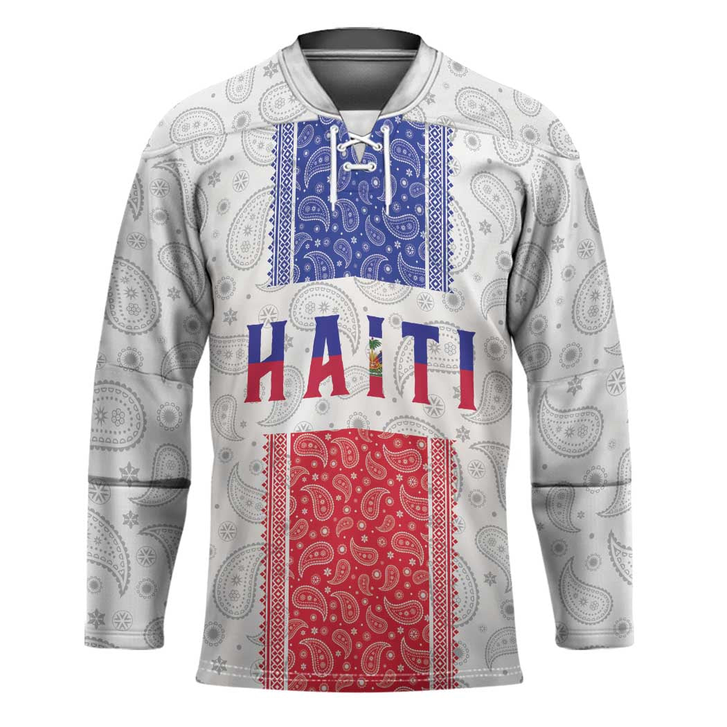 Custom Haiti Football Hockey Jersey Paisley Flag Pattern Design - Wonder Print Shop