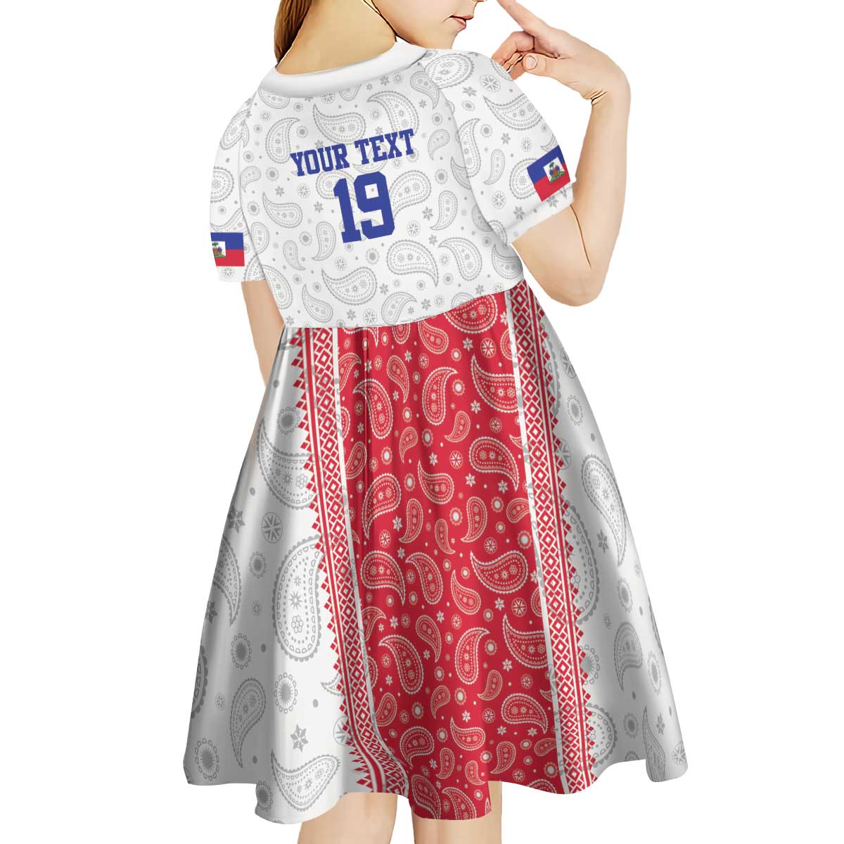 Custom Haiti Football Kid Short Sleeve Dress Paisley Flag Pattern Design - Wonder Print Shop