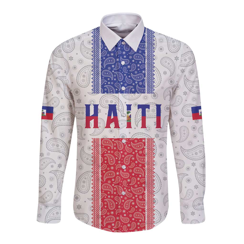 Custom Haiti Football Long Sleeve Button Shirt Paisley Flag Pattern Design - Wonder Print Shop