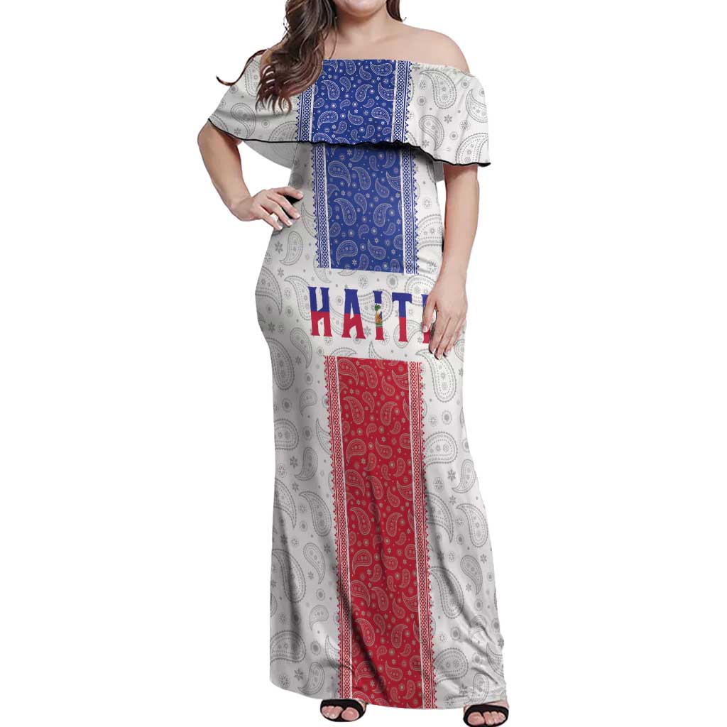 Custom Haiti Football Off Shoulder Maxi Dress Paisley Flag Pattern Design - Wonder Print Shop