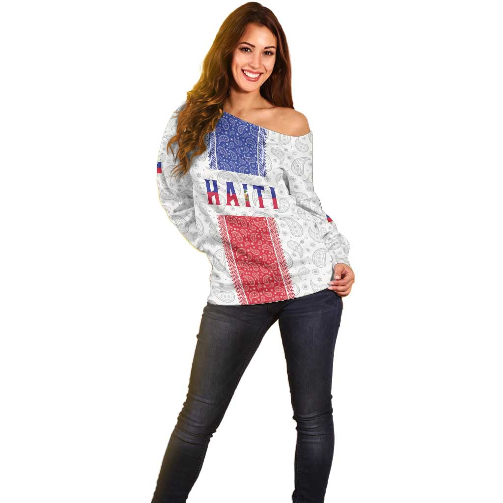 Custom Haiti Football Off Shoulder Sweater Paisley Flag Pattern Design - Wonder Print Shop