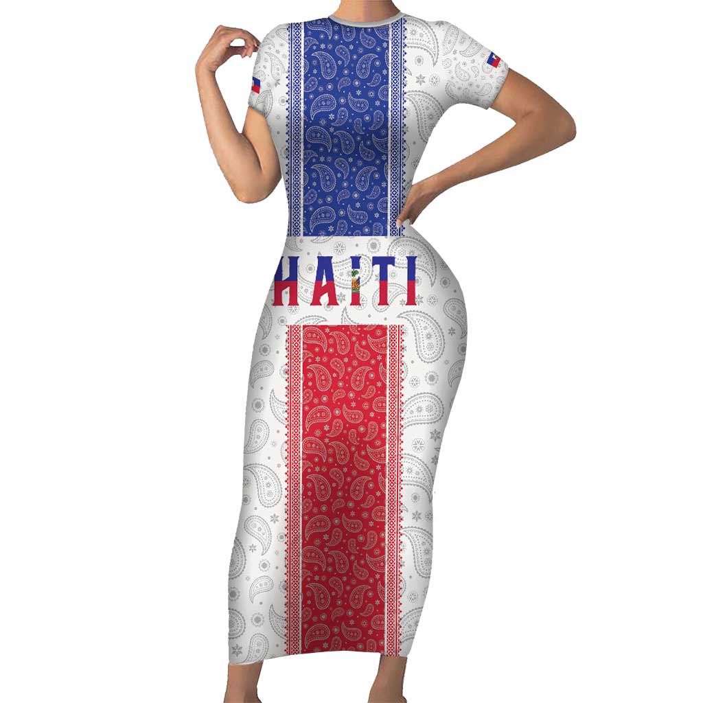 Custom Haiti Football Short Sleeve Bodycon Dress Paisley Flag Pattern Design - Wonder Print Shop