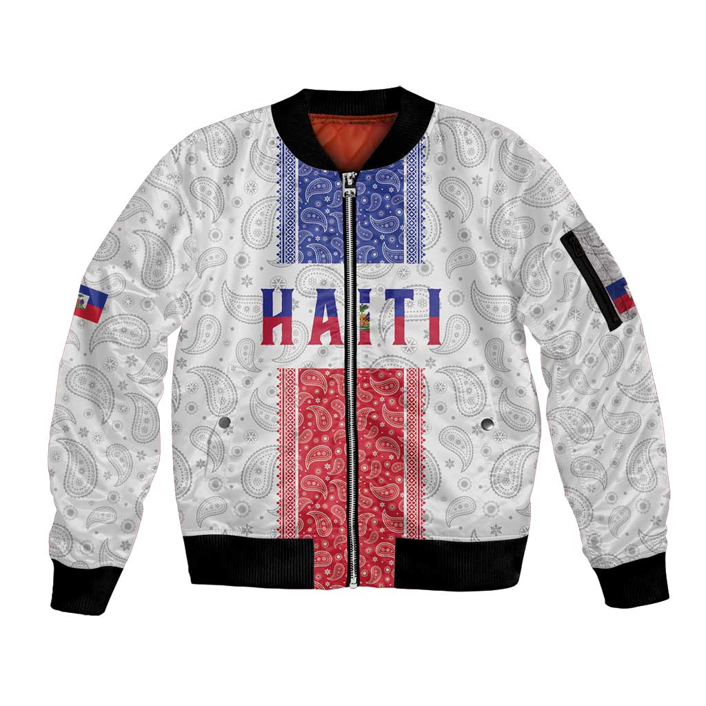 Custom Haiti Football Sleeve Zip Bomber Jacket Paisley Flag Pattern Design - Wonder Print Shop