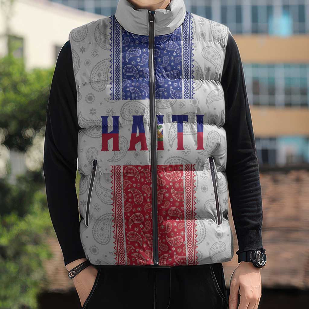 Custom Haiti Football Sleeveless Puffer Jacket Paisley Flag Pattern Design - Wonder Print Shop