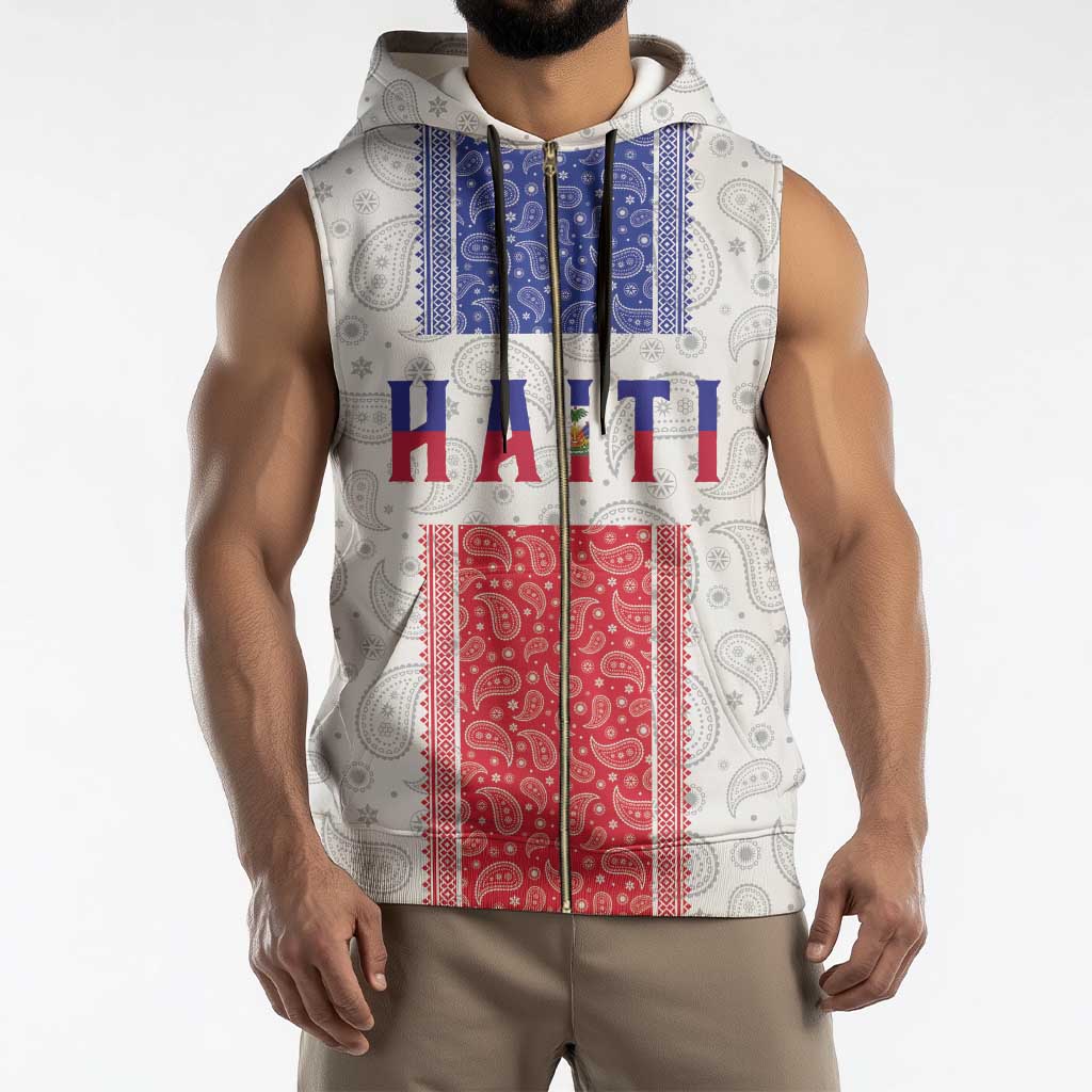 Custom Haiti Football Sleeveless Zip Hoodie Paisley Flag Pattern Design - Wonder Print Shop
