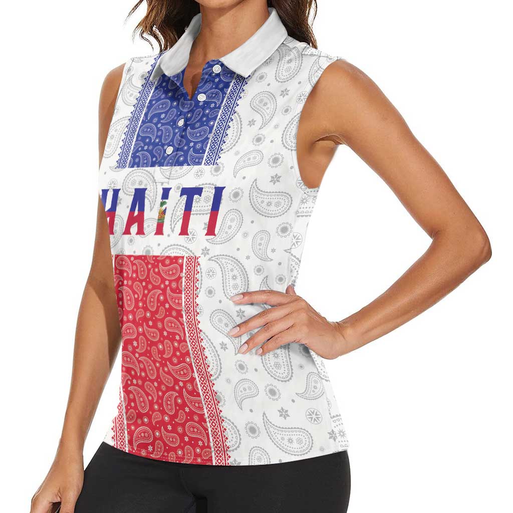 Custom Haiti Football Women Sleeveless Polo Shirt Paisley Flag Pattern Design - Wonder Print Shop