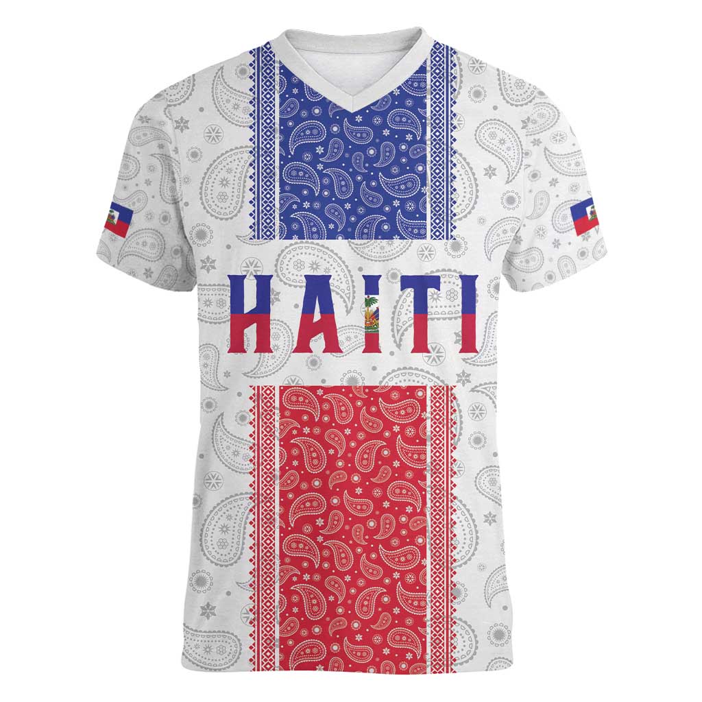 Custom Haiti Football Women V-Neck T-Shirt Paisley Flag Pattern Design - Wonder Print Shop