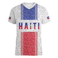 Custom Haiti Football Women V-Neck T-Shirt Paisley Flag Pattern Design - Wonder Print Shop