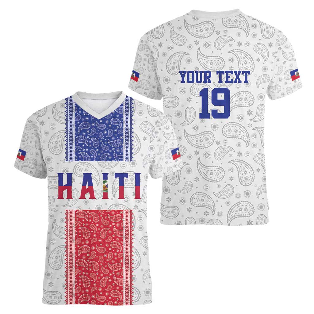 Custom Haiti Football Women V-Neck T-Shirt Paisley Flag Pattern Design - Wonder Print Shop