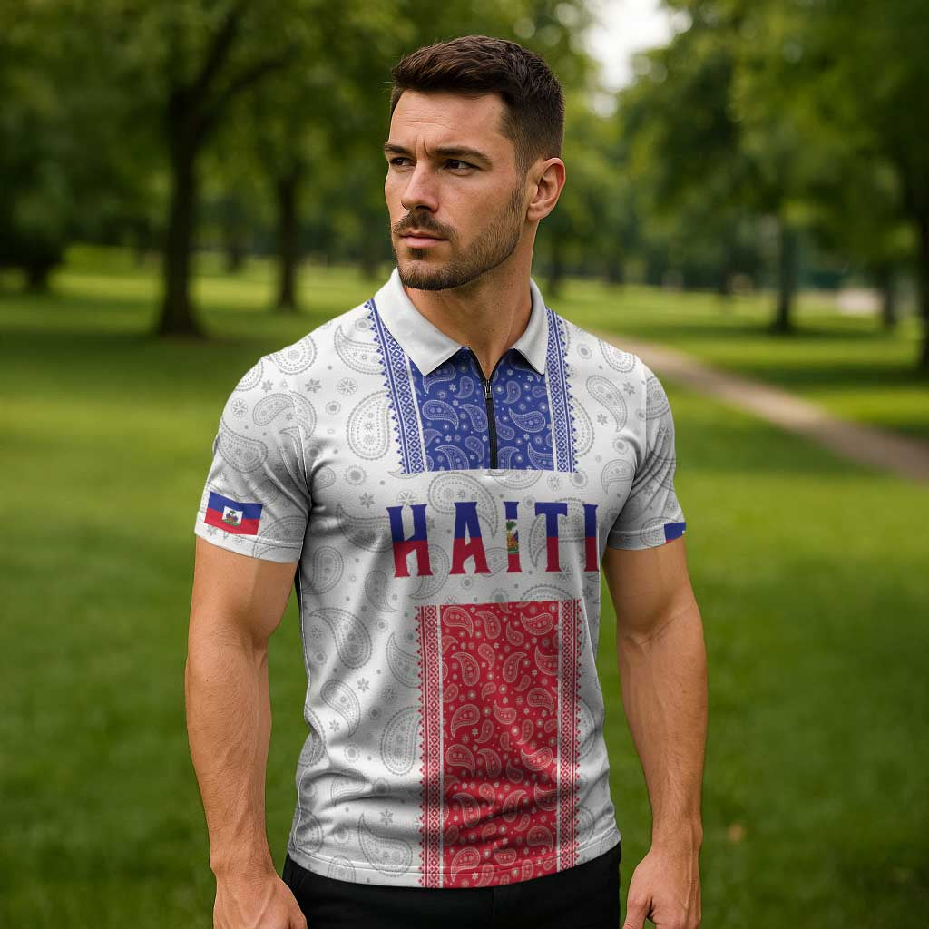 Custom Haiti Football Zipper Polo Shirt Paisley Flag Pattern Design - Wonder Print Shop