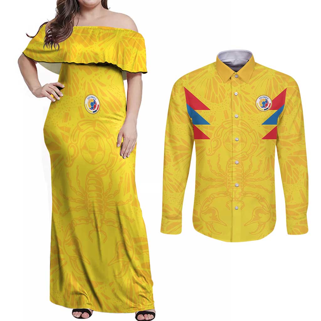 Colombia Rene Higuita Scorpion Kick Couples Matching Off Shoulder Maxi Dress and Long Sleeve Button Shirt Home Retro 1995 Goalkeeper Legend - Wonder Print Shop