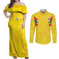 Colombia Rene Higuita Scorpion Kick Couples Matching Off Shoulder Maxi Dress and Long Sleeve Button Shirt Home Retro 1995 Goalkeeper Legend - Wonder Print Shop