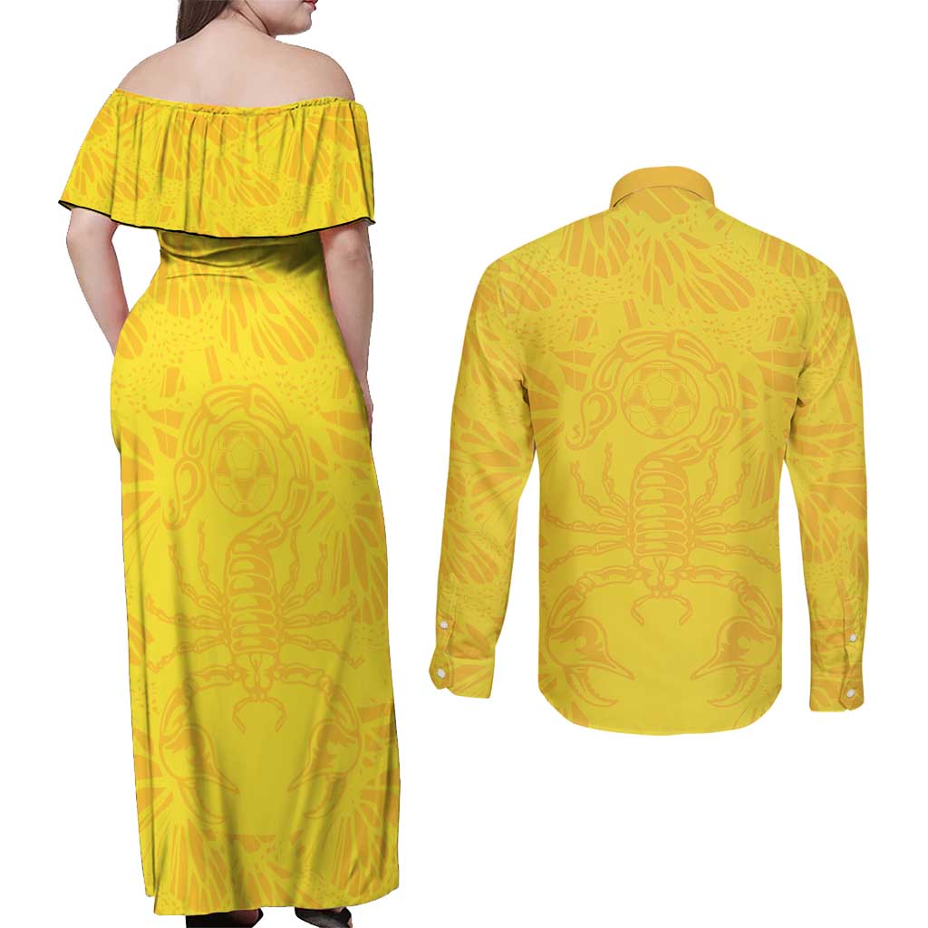 Colombia Rene Higuita Scorpion Kick Couples Matching Off Shoulder Maxi Dress and Long Sleeve Button Shirt Home Retro 1995 Goalkeeper Legend - Wonder Print Shop