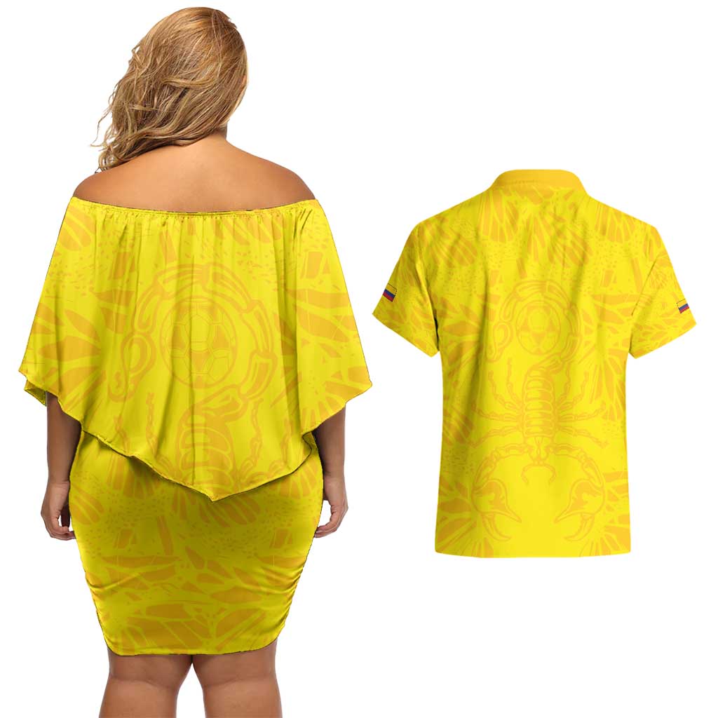 Colombia Rene Higuita Scorpion Kick Couples Matching Off Shoulder Short Dress and Hawaiian Shirt Home Retro 1995 Goalkeeper Legend - Wonder Print Shop