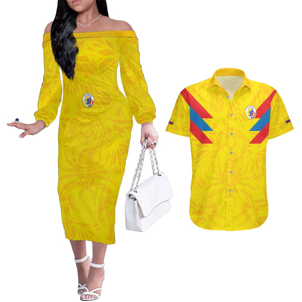Colombia Rene Higuita Scorpion Kick Couples Matching Off The Shoulder Long Sleeve Dress and Hawaiian Shirt Home Retro 1995 Goalkeeper Legend - Wonder Print Shop