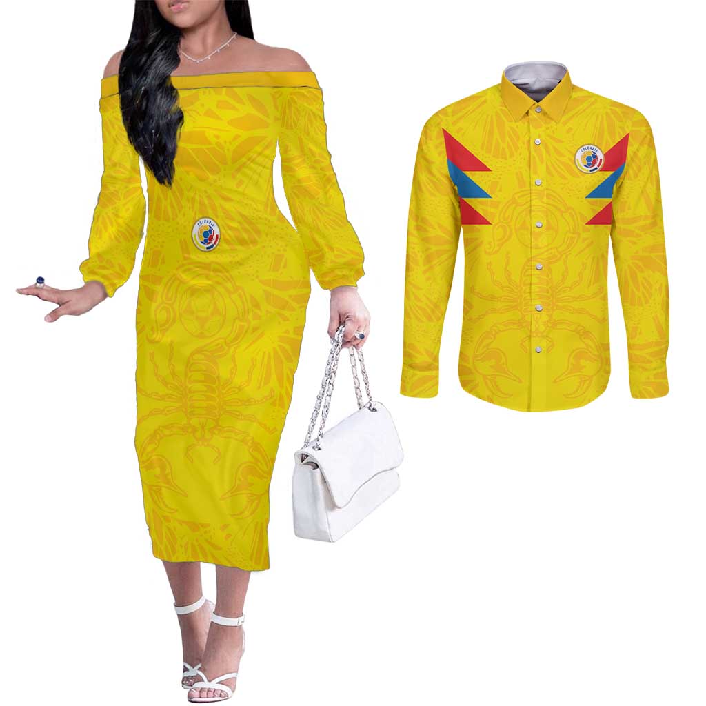 Colombia Rene Higuita Scorpion Kick Couples Matching Off The Shoulder Long Sleeve Dress and Long Sleeve Button Shirt Home Retro 1995 Goalkeeper Legend - Wonder Print Shop