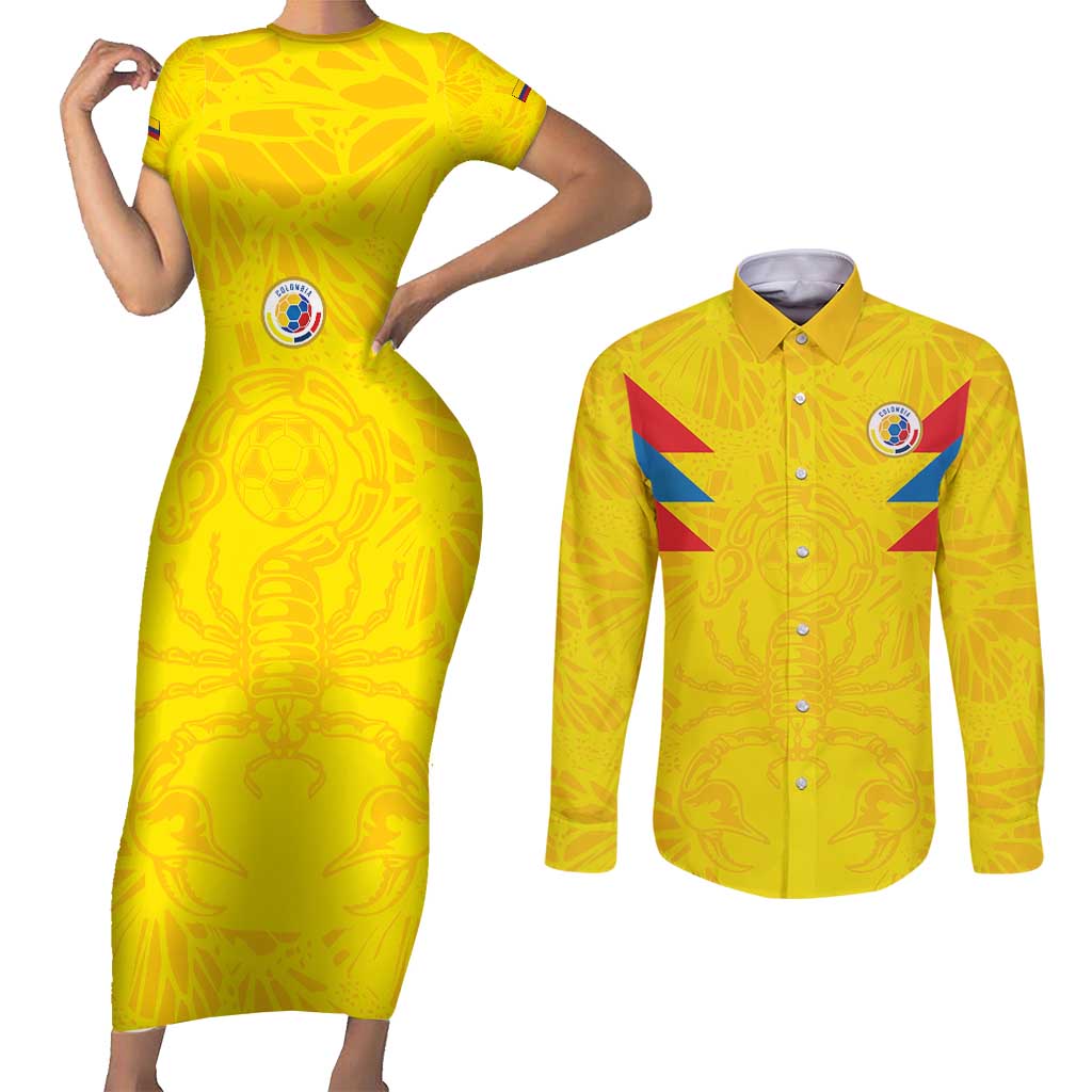 Colombia Rene Higuita Scorpion Kick Couples Matching Short Sleeve Bodycon Dress and Long Sleeve Button Shirt Home Retro 1995 Goalkeeper Legend - Wonder Print Shop