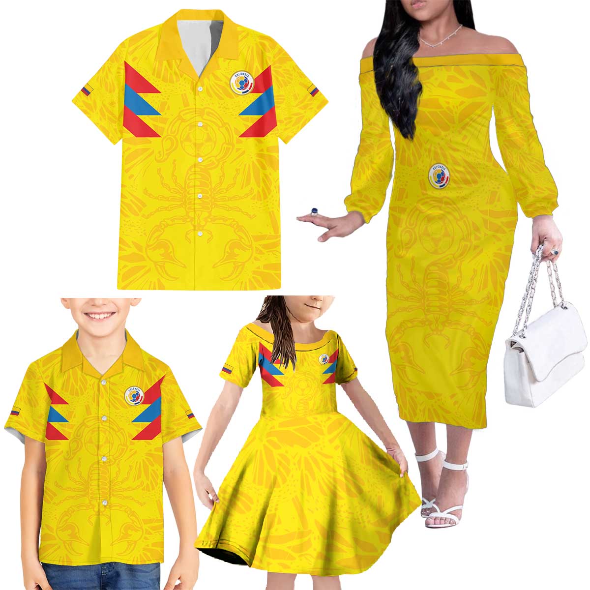Colombia Rene Higuita Scorpion Kick Family Matching Off The Shoulder Long Sleeve Dress and Hawaiian Shirt Home Retro 1995 Goalkeeper Legend - Wonder Print Shop