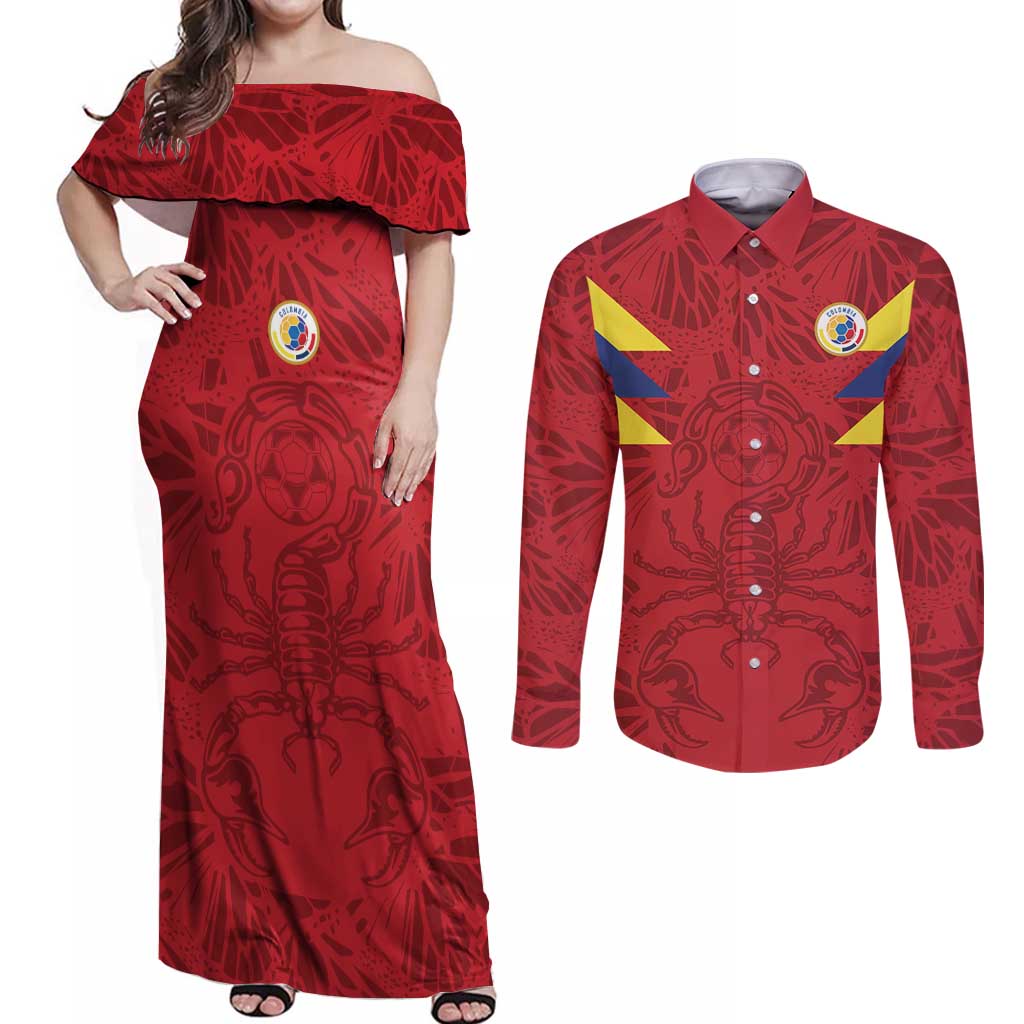 Colombia Rene Higuita Scorpion Kick Couples Matching Off Shoulder Maxi Dress and Long Sleeve Button Shirt Away Retro 1995 Goalkeeper Legend - Wonder Print Shop