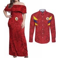 Colombia Rene Higuita Scorpion Kick Couples Matching Off Shoulder Maxi Dress and Long Sleeve Button Shirt Away Retro 1995 Goalkeeper Legend - Wonder Print Shop