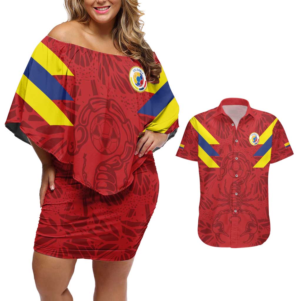 Colombia Rene Higuita Scorpion Kick Couples Matching Off Shoulder Short Dress and Hawaiian Shirt Away Retro 1995 Goalkeeper Legend - Wonder Print Shop