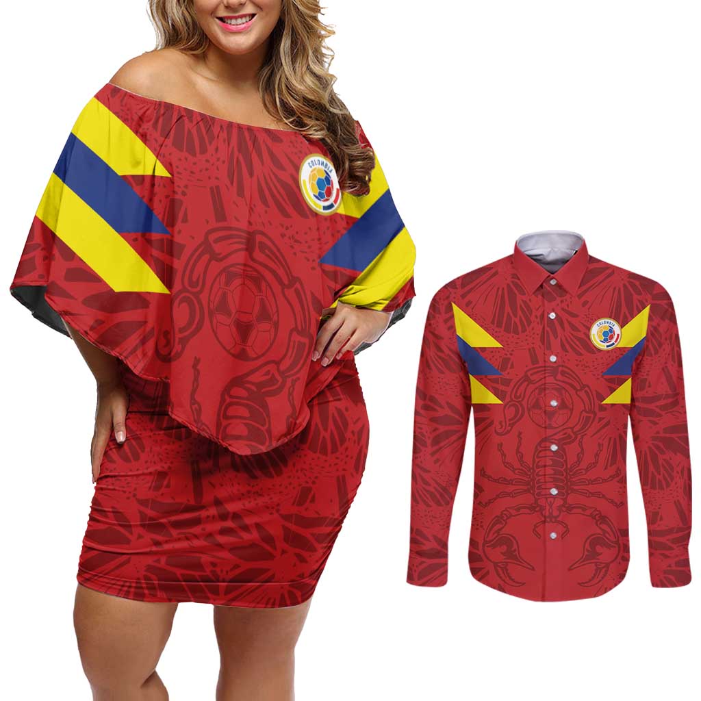 Colombia Rene Higuita Scorpion Kick Couples Matching Off Shoulder Short Dress and Long Sleeve Button Shirt Away Retro 1995 Goalkeeper Legend - Wonder Print Shop