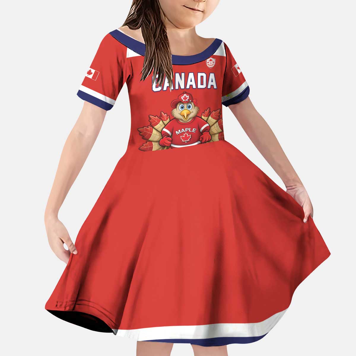 Canada Ice Hockey Custom Kid Short Sleeve Dress Maple Leaf Turkey Mascot