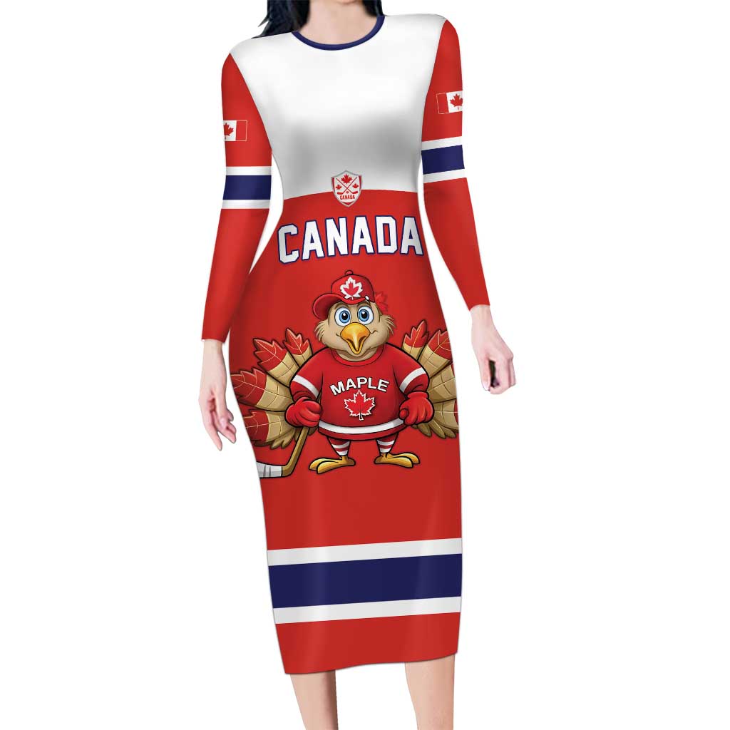 Canada Ice Hockey Custom Long Sleeve Bodycon Dress Maple Leaf Turkey Mascot
