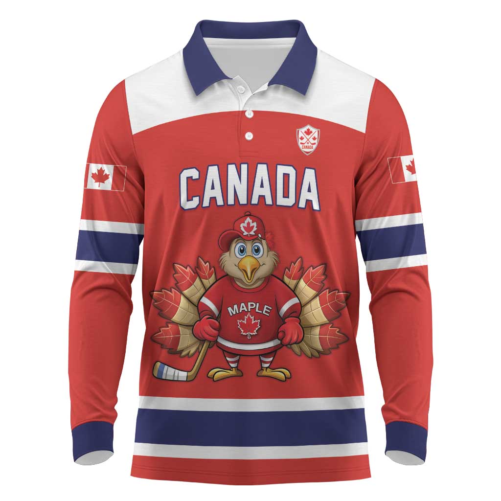 Canada Ice Hockey Custom Long Sleeve Polo Shirt Maple Leaf Turkey Mascot
