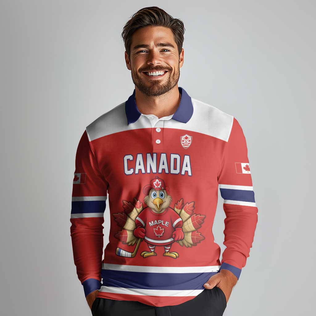 Canada Ice Hockey Custom Long Sleeve Polo Shirt Maple Leaf Turkey Mascot