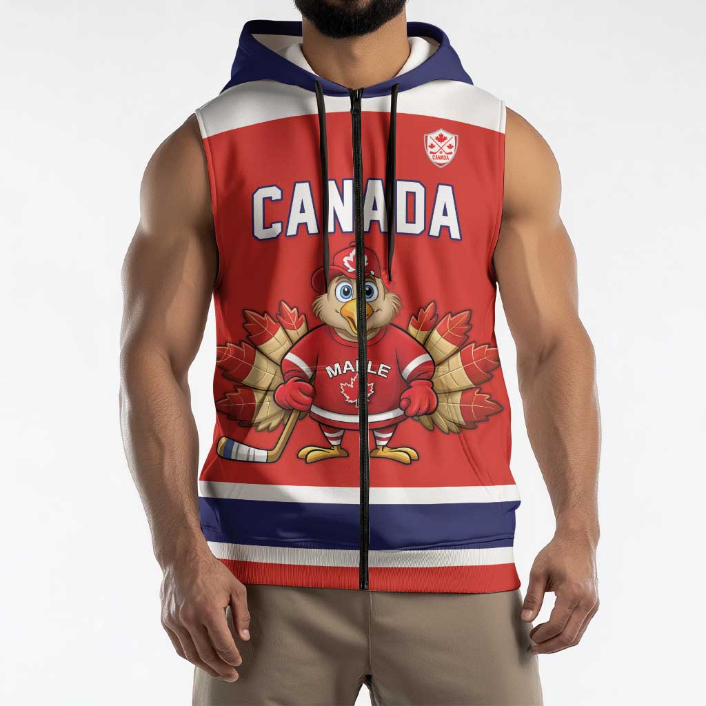 Canada Ice Hockey Custom Sleeveless Zip Hoodie Maple Leaf Turkey Mascot