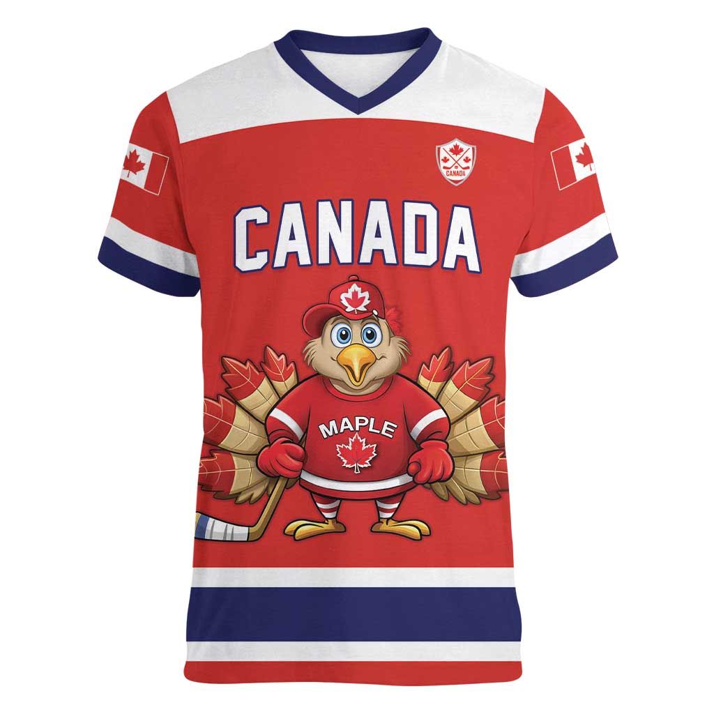 Canada Ice Hockey Custom Women V-Neck T-Shirt Maple Leaf Turkey Mascot