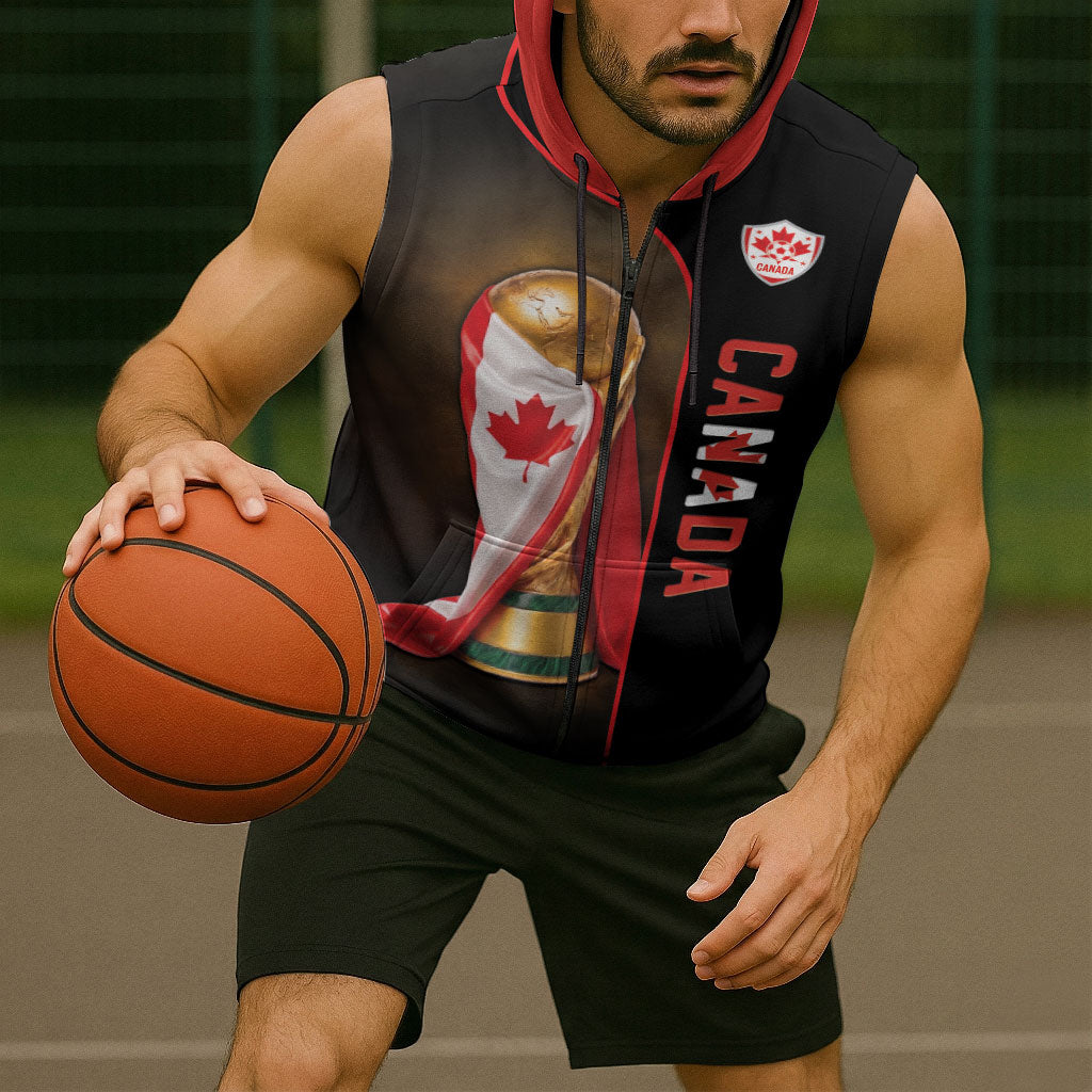 Personalized Canada Football 2026 Sleeveless Zip Hoodie Trophy Flag Pride Art